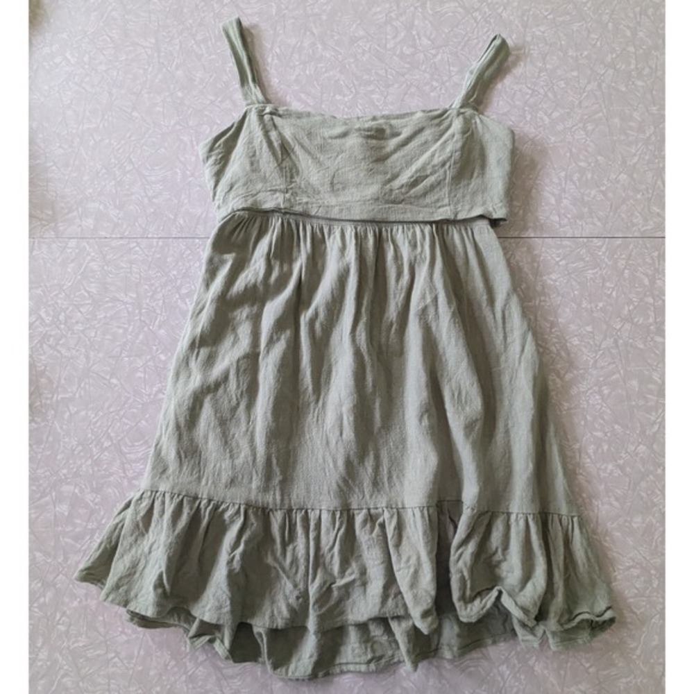 Altar'd State Sage Green Cotton Linen Tie Back Ruffle Babydoll Mini Dress Size M